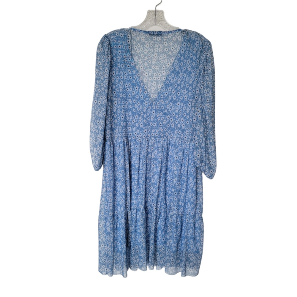 Vintage Y2K Parisian Cruise Wear Blue Floral Mesh Long Sleeve Mini Dress Large - Picture 9 of 9